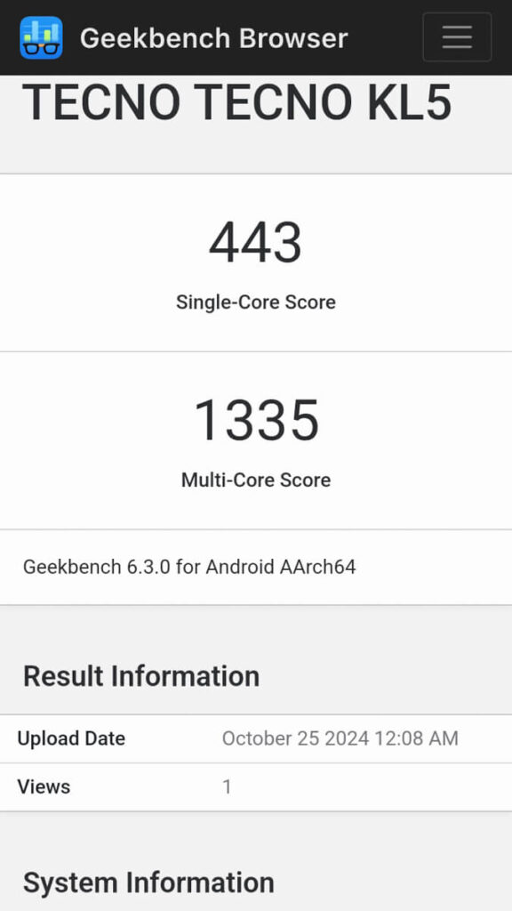 Tecno Spark 30C - Geekbench scores